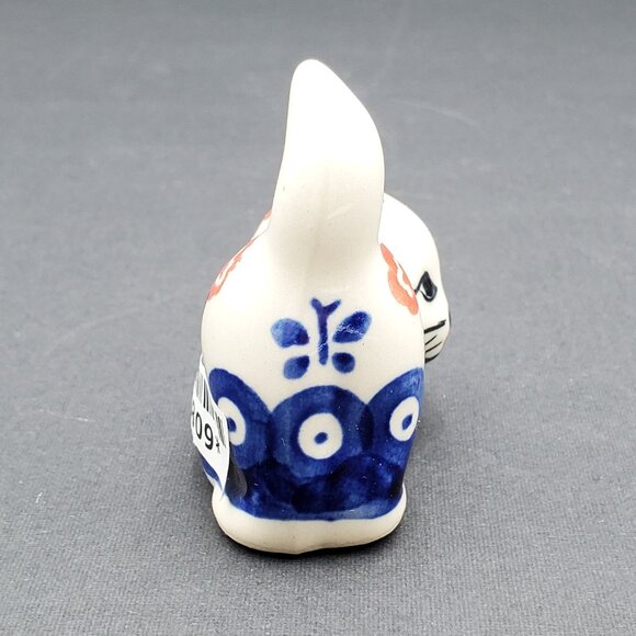 Polish Pottery Blue Eye Spring Cat Figurine Small Blue Red Floral Cat Statue - Picture 4 of 7